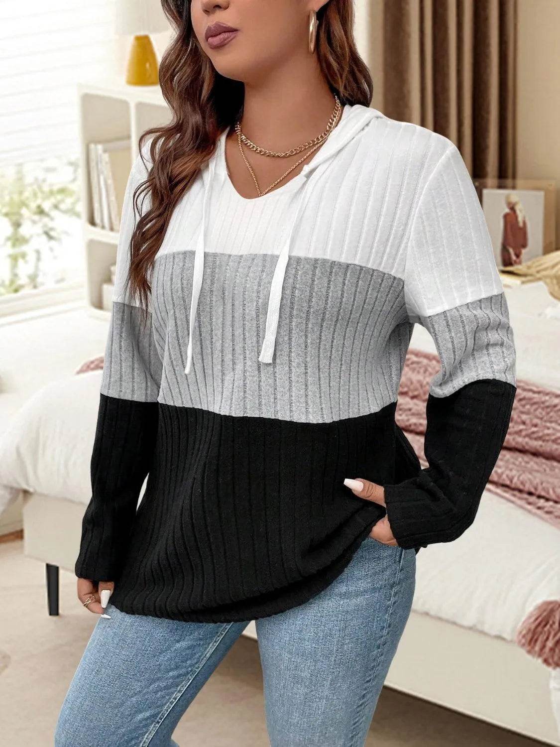 Plus Size Drawstring Color Block Long Sleeve Hooded Top - Bona Fide Fashion