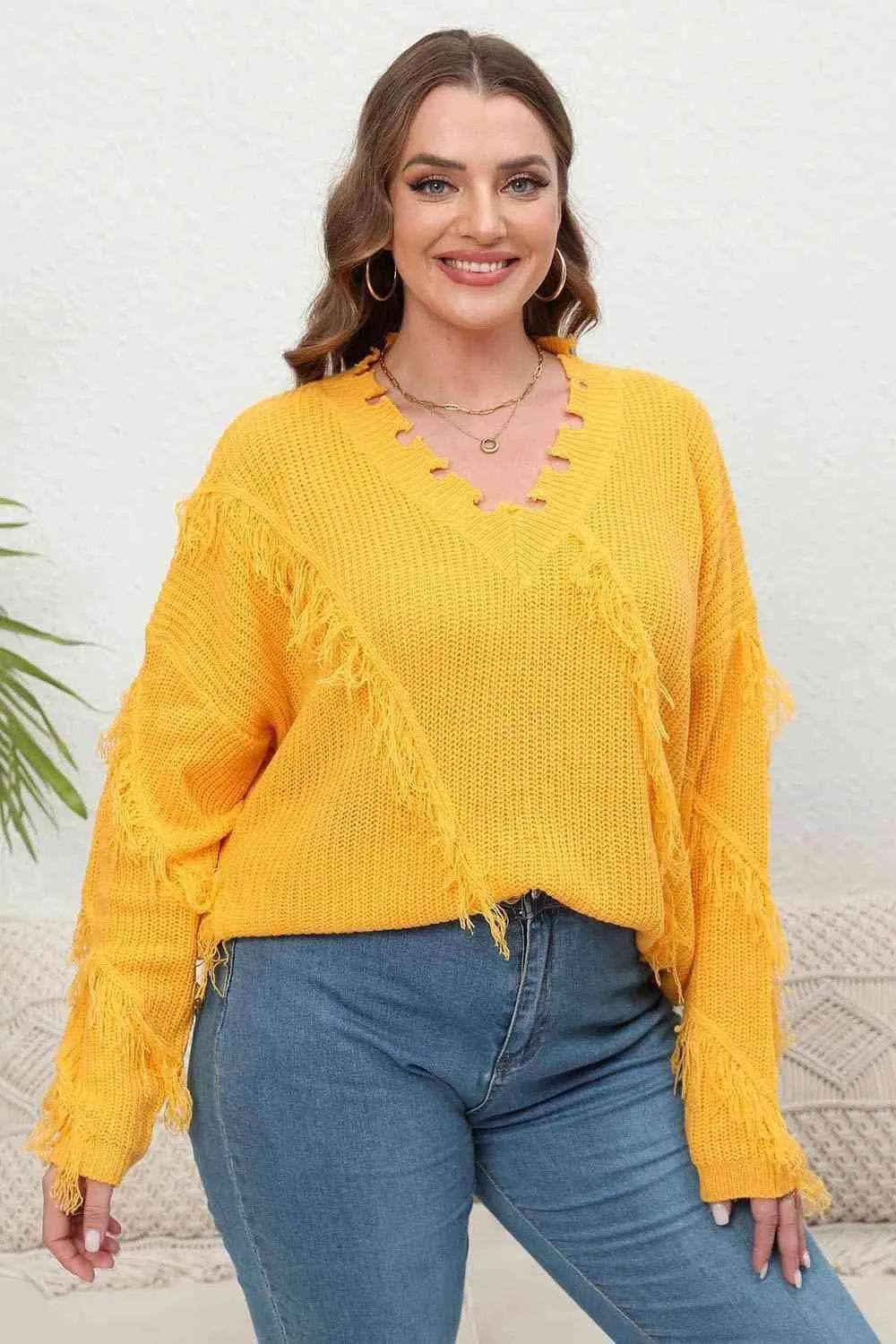 Plus Size Fringe V-Neck Long Sleeve Sweater - Bona Fide Fashion