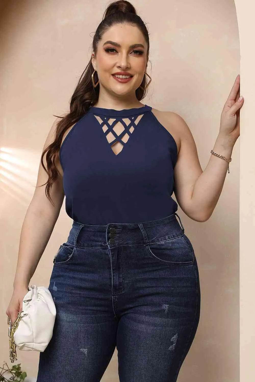 Plus Size Halter Neck Cutout Sleeveless Dress - Bona Fide Fashion