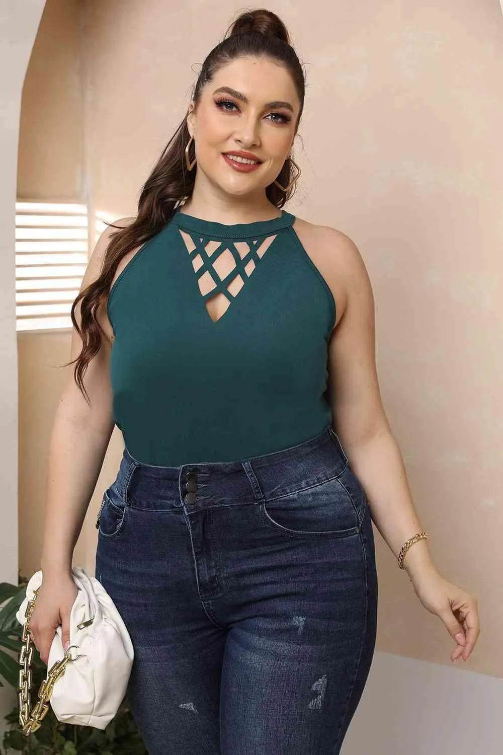 Plus Size Halter Neck Cutout Sleeveless Dress - Bona Fide Fashion