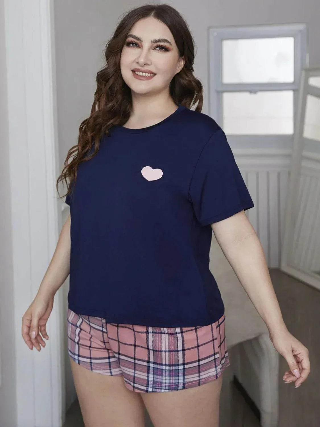 Plus Size Heart Graphic Top and Plaid Shorts Loungewear Set - Bona Fide Fashion