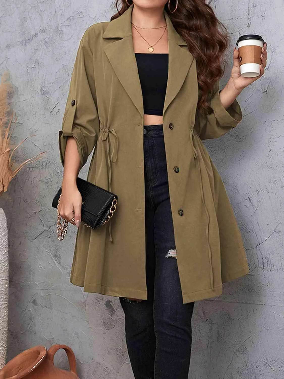 Plus Size Lapel Collar Drawstring Roll-Tab Sleeve Trench Coat - Bona Fide Fashion