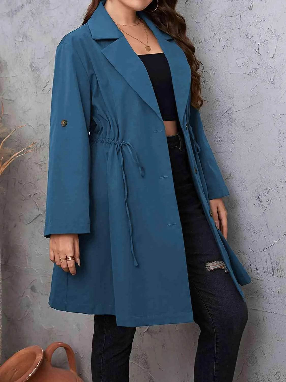 Plus Size Lapel Collar Drawstring Roll-Tab Sleeve Trench Coat - Bona Fide Fashion