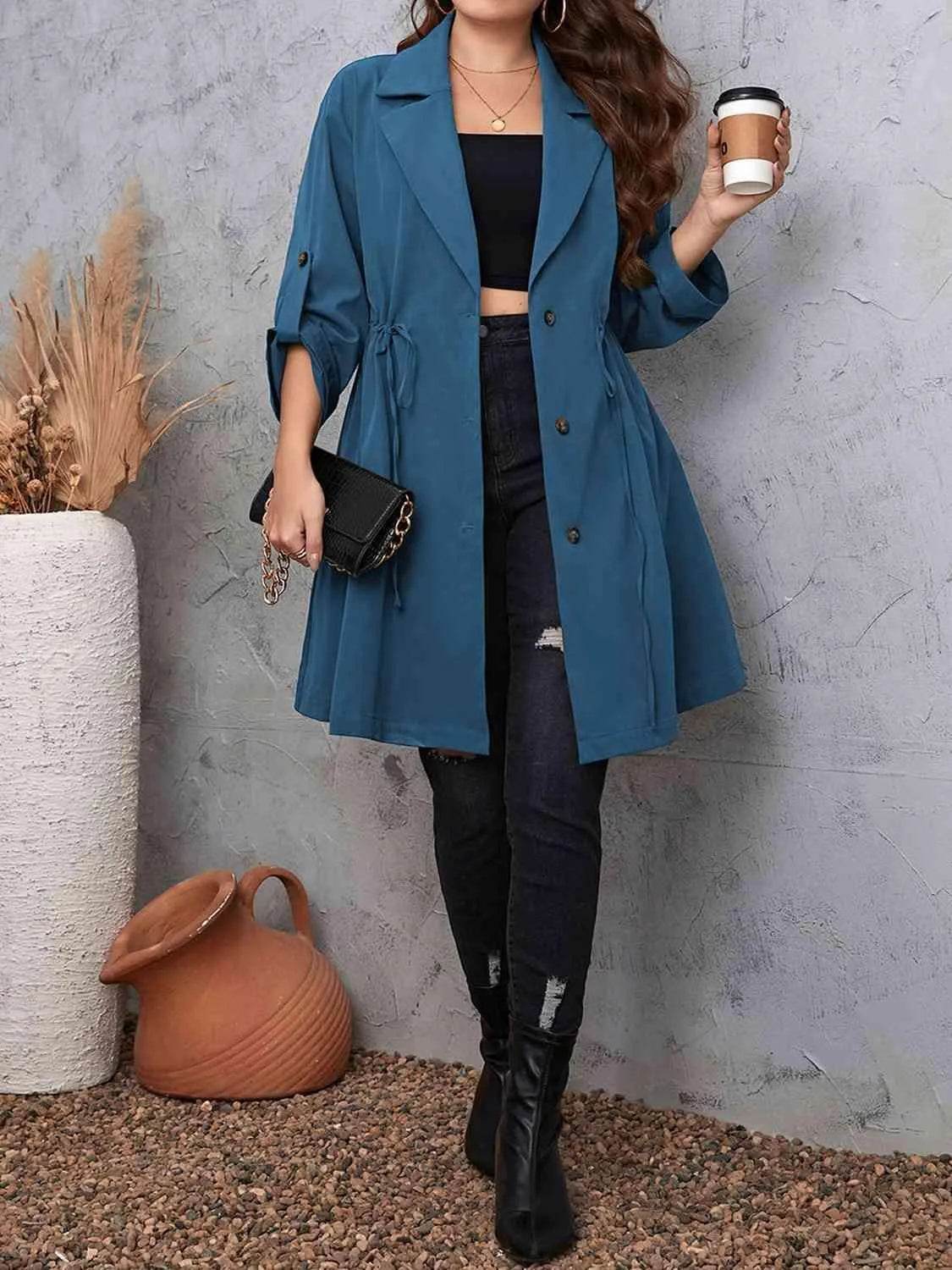 Plus Size Lapel Collar Drawstring Roll-Tab Sleeve Trench Coat - Bona Fide Fashion