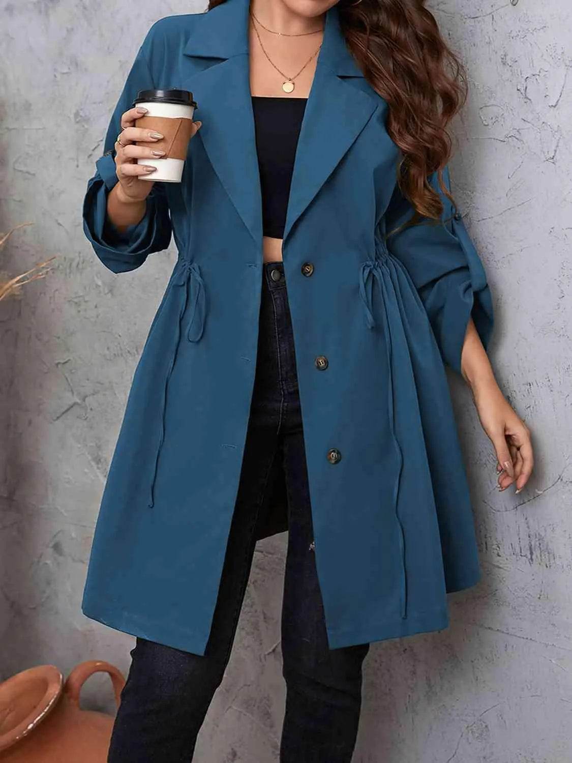 Plus Size Lapel Collar Drawstring Roll-Tab Sleeve Trench Coat - Bona Fide Fashion