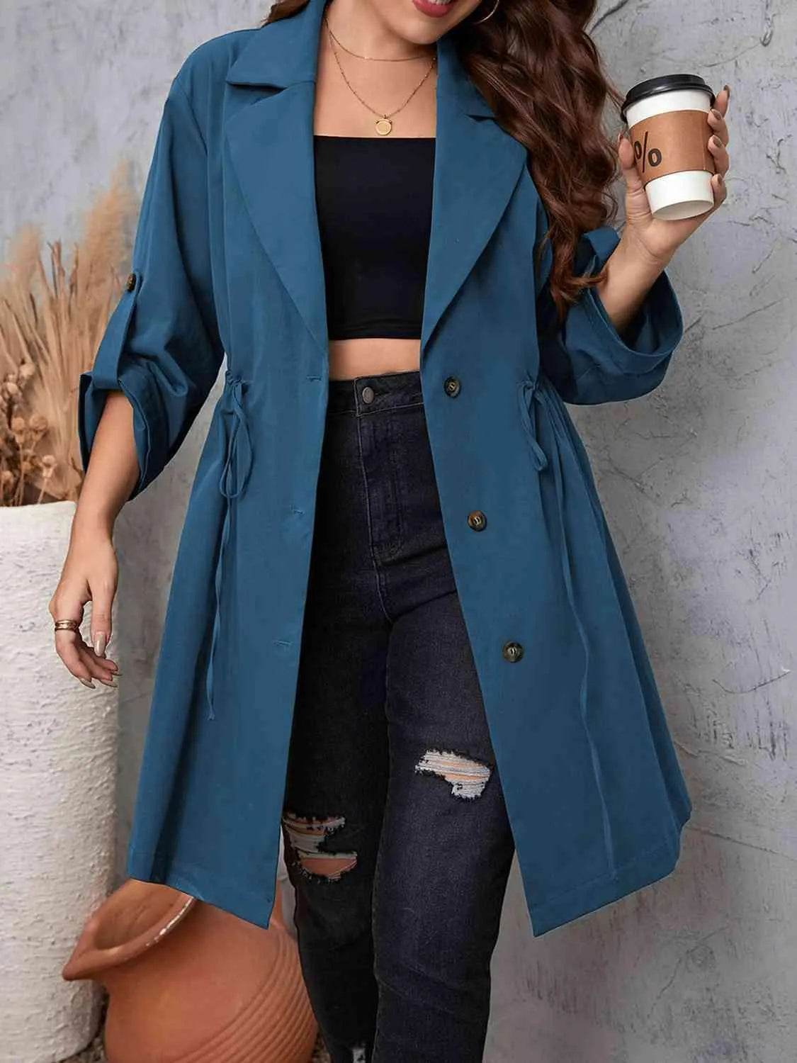Plus Size Lapel Collar Drawstring Roll-Tab Sleeve Trench Coat - Bona Fide Fashion