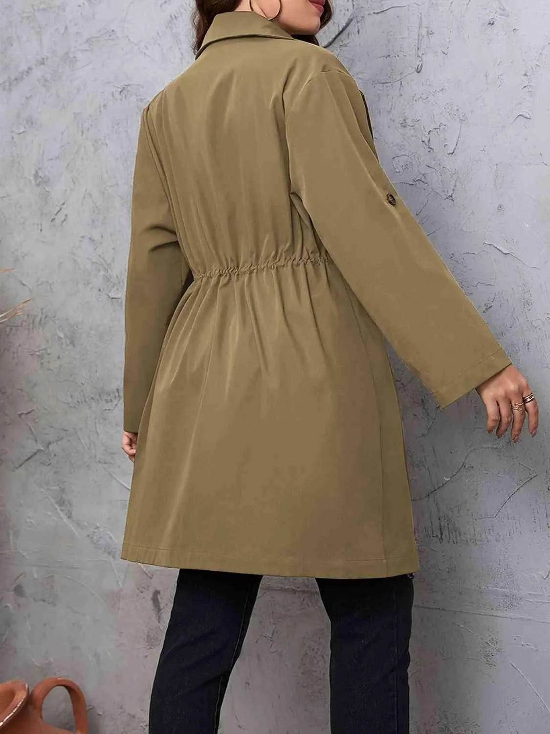 Plus Size Lapel Collar Drawstring Roll-Tab Sleeve Trench Coat - Bona Fide Fashion