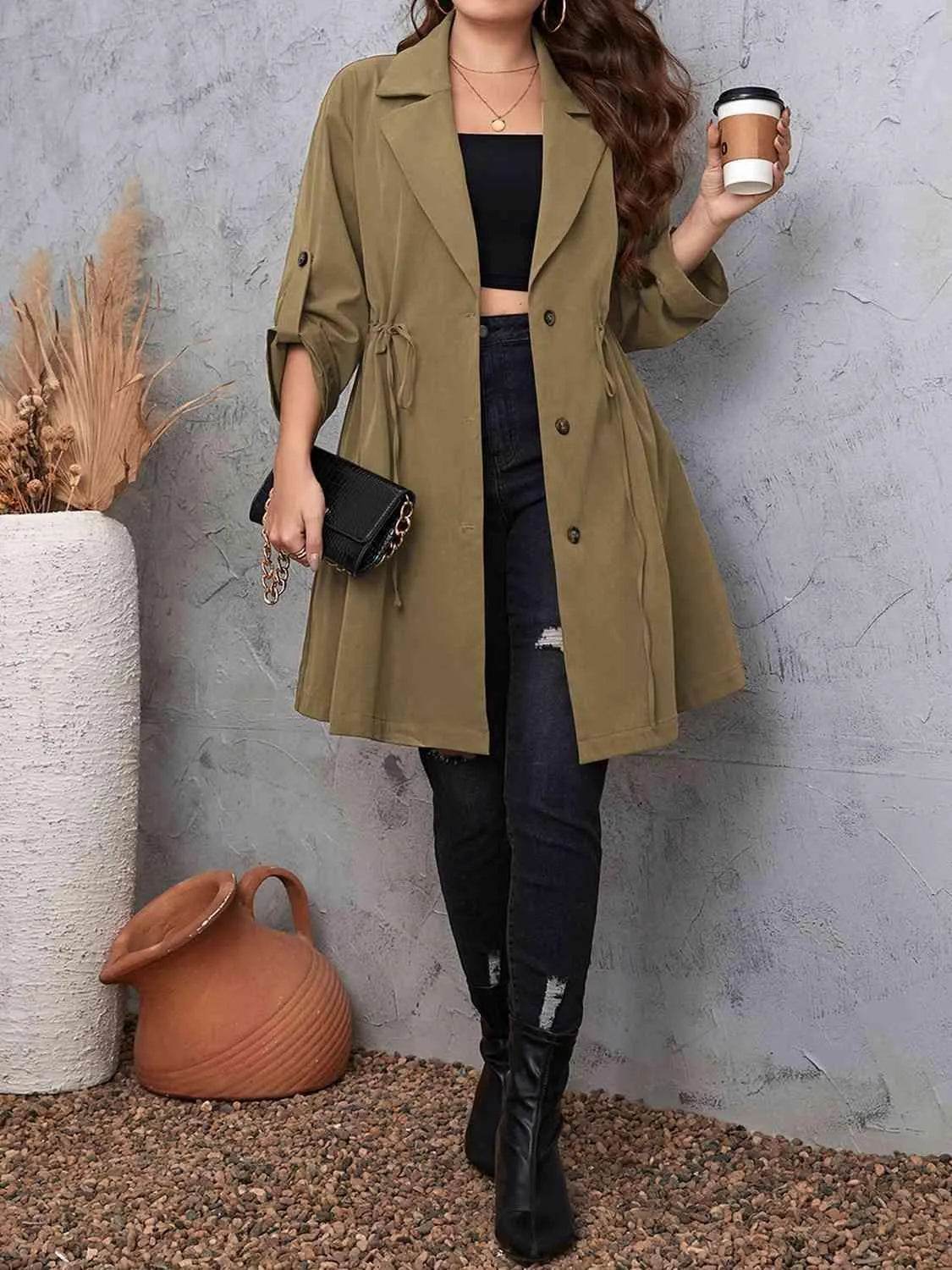 Plus Size Lapel Collar Drawstring Roll-Tab Sleeve Trench Coat - Bona Fide Fashion