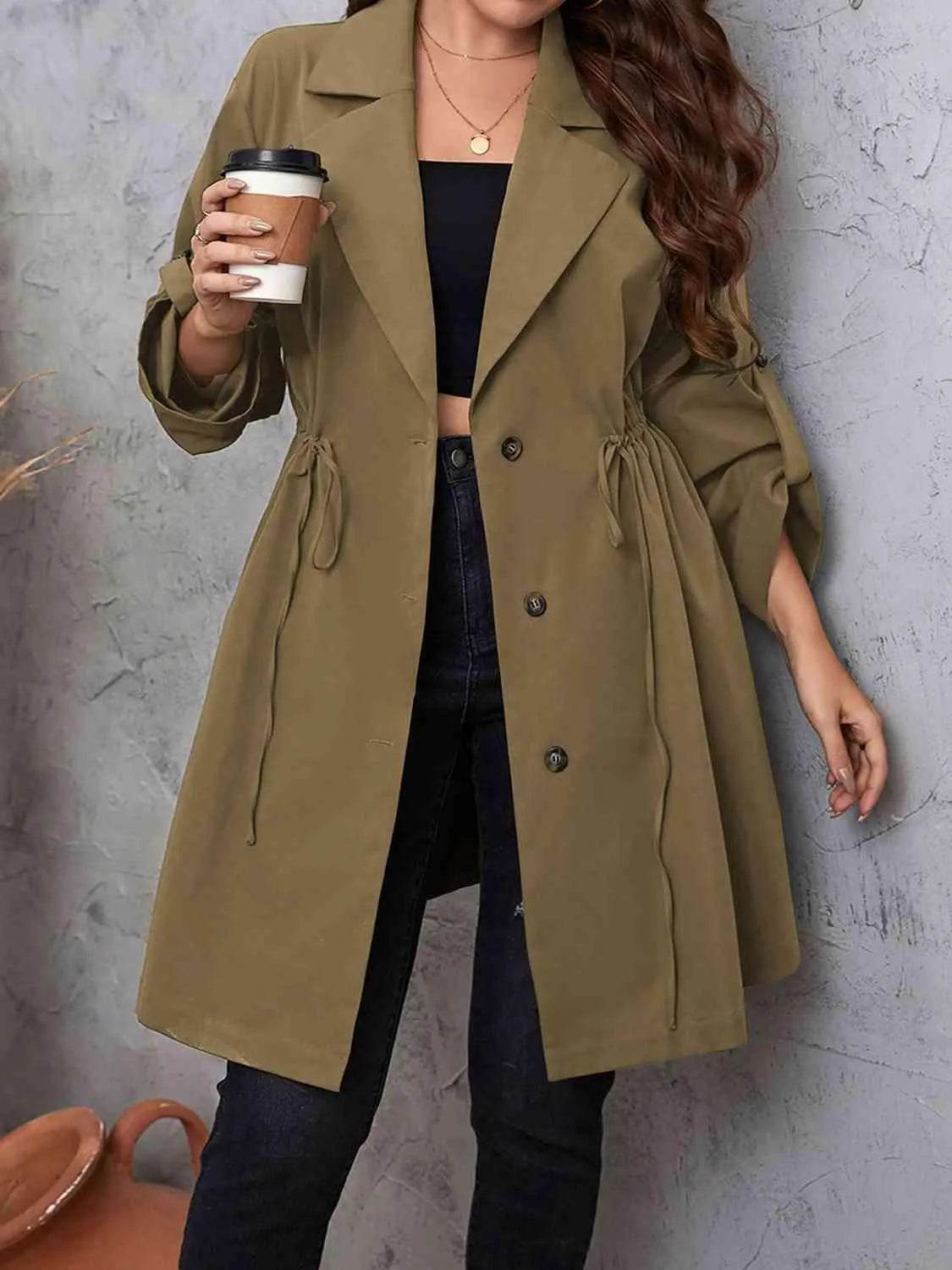 Plus Size Lapel Collar Drawstring Roll-Tab Sleeve Trench Coat - Bona Fide Fashion