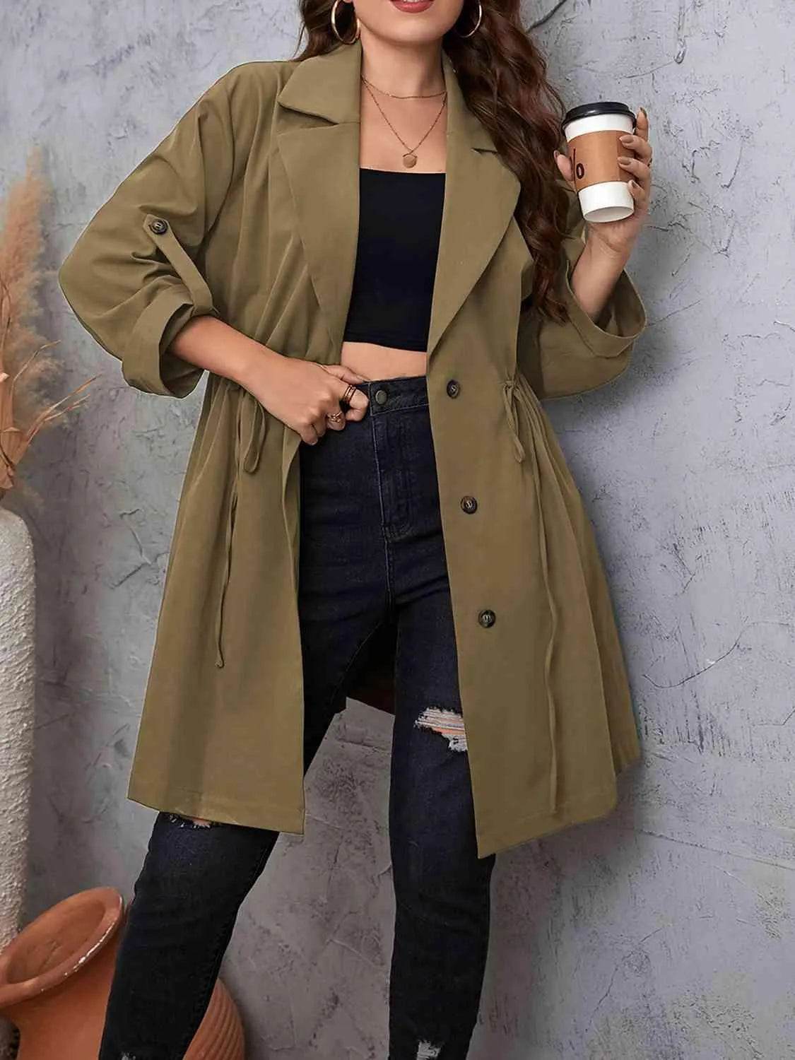 Plus Size Lapel Collar Drawstring Roll-Tab Sleeve Trench Coat - Bona Fide Fashion