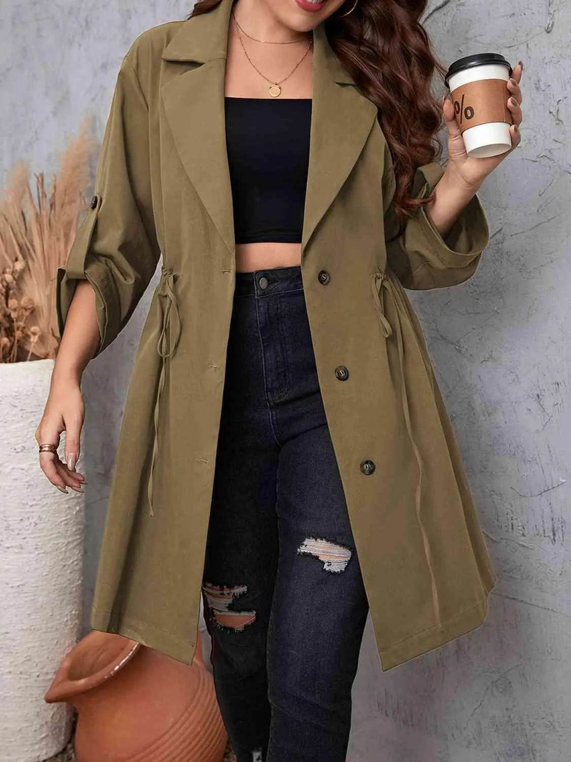 Plus Size Lapel Collar Drawstring Roll-Tab Sleeve Trench Coat - Bona Fide Fashion