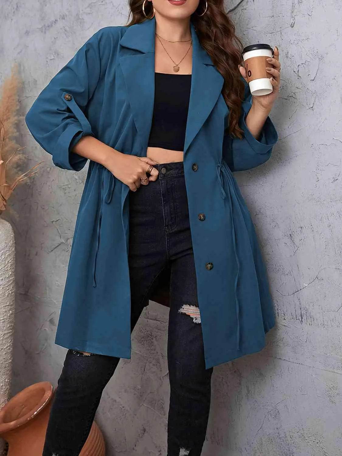 Plus Size Lapel Collar Drawstring Roll-Tab Sleeve Trench Coat - Bona Fide Fashion