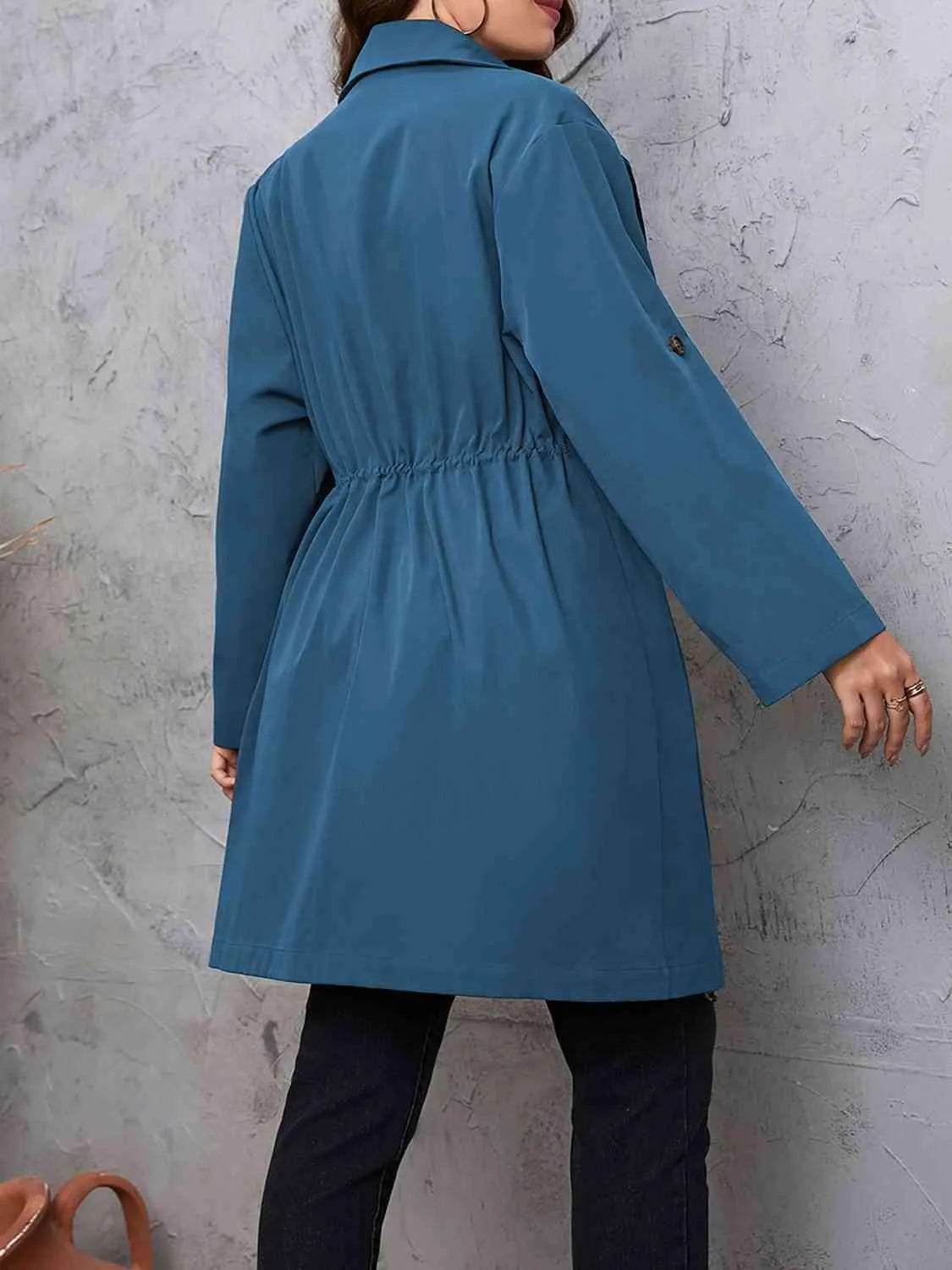 Plus Size Lapel Collar Drawstring Roll-Tab Sleeve Trench Coat - Bona Fide Fashion