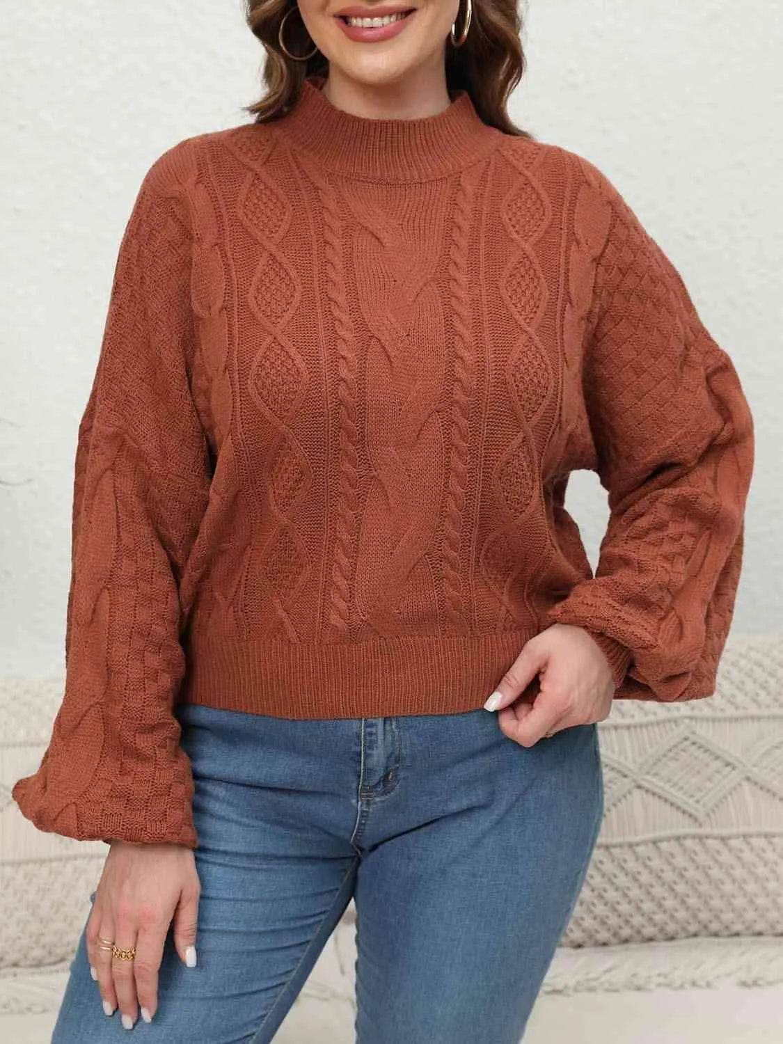 Plus Size Mock Neck Cable Knit Long Sleeve Sweater - Bona Fide Fashion