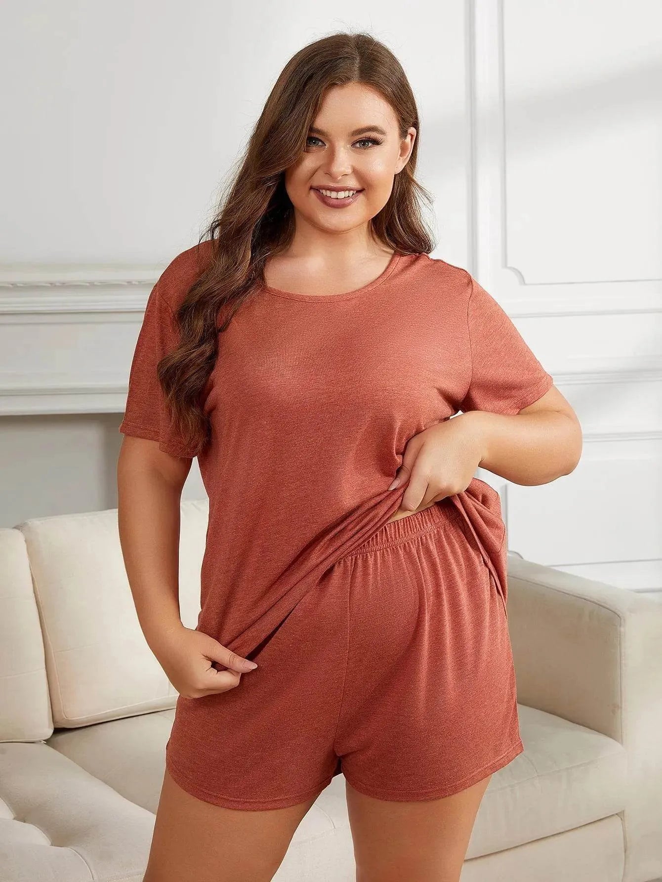 Plus Size Round Neck Short Sleeve Two-Piece Loungewear Set - Bona Fide Fashion