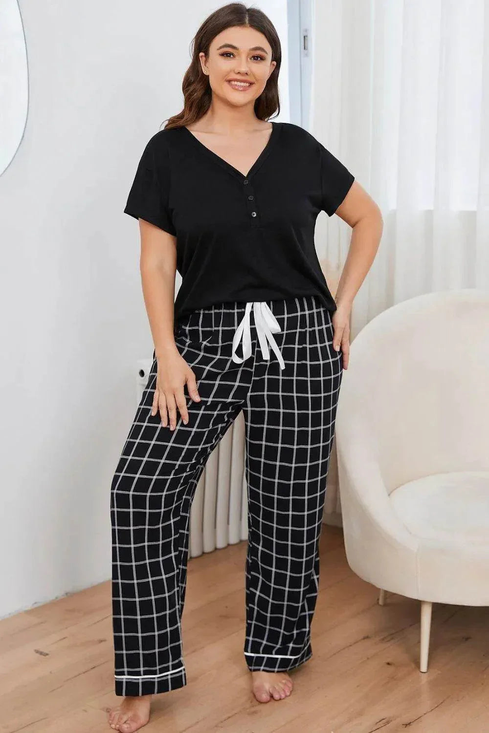 Plus Size V-Neck and Plaid Pants Lounge Set - Bona Fide Fashion