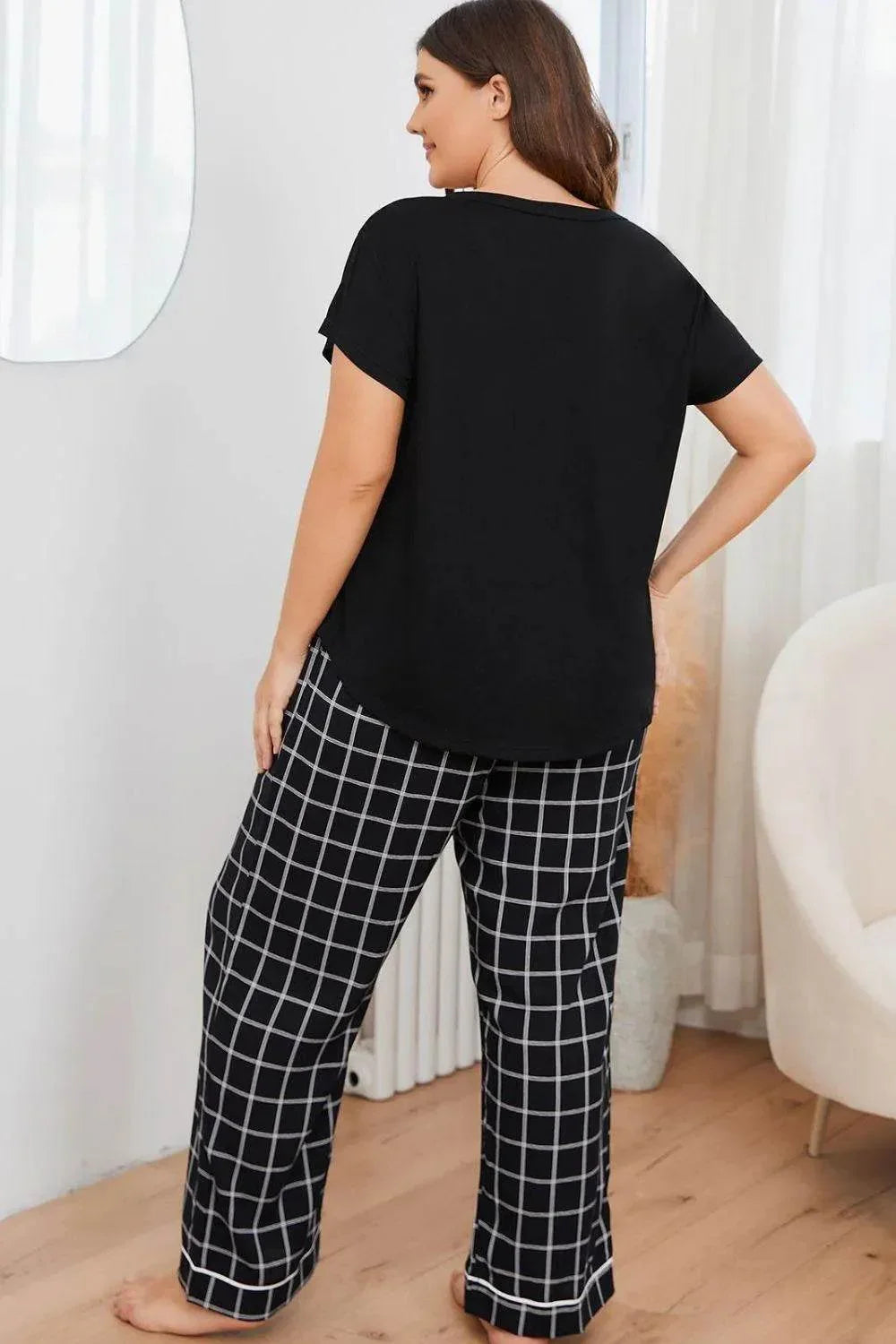 Plus Size V-Neck and Plaid Pants Lounge Set - Bona Fide Fashion