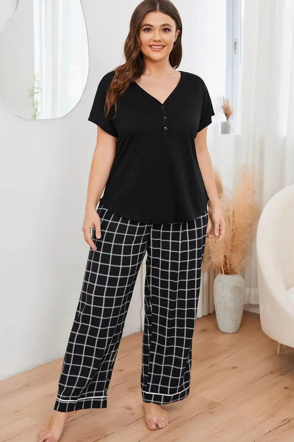 Plus Size V-Neck and Plaid Pants Lounge Set - Bona Fide Fashion