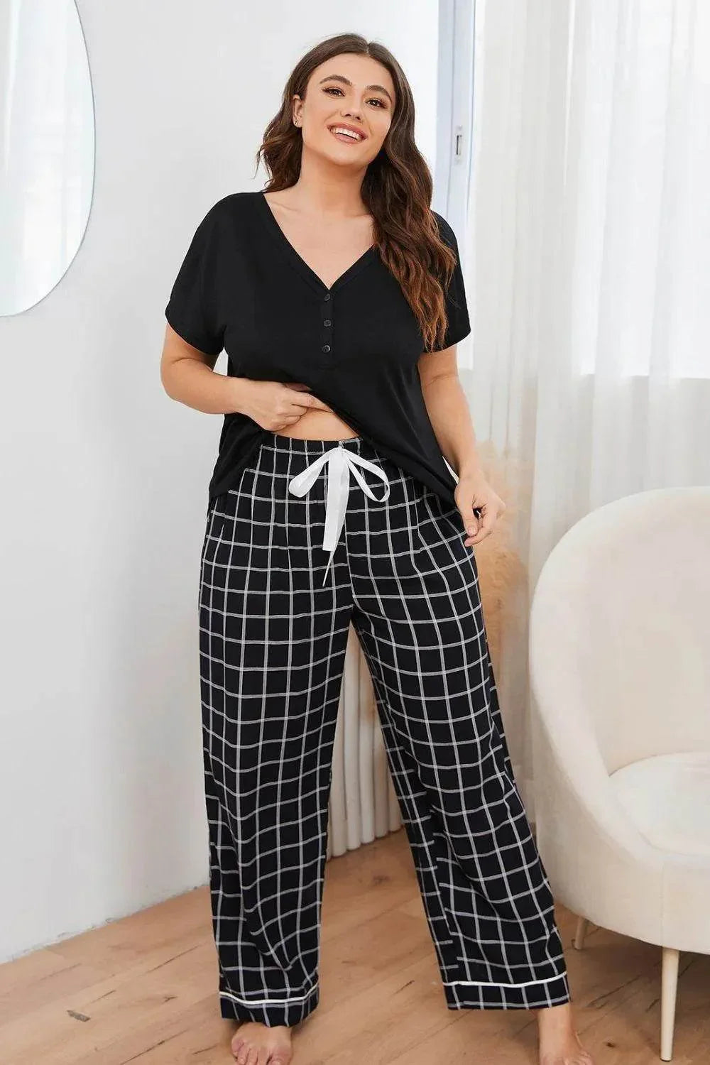 Plus Size V-Neck and Plaid Pants Lounge Set - Bona Fide Fashion