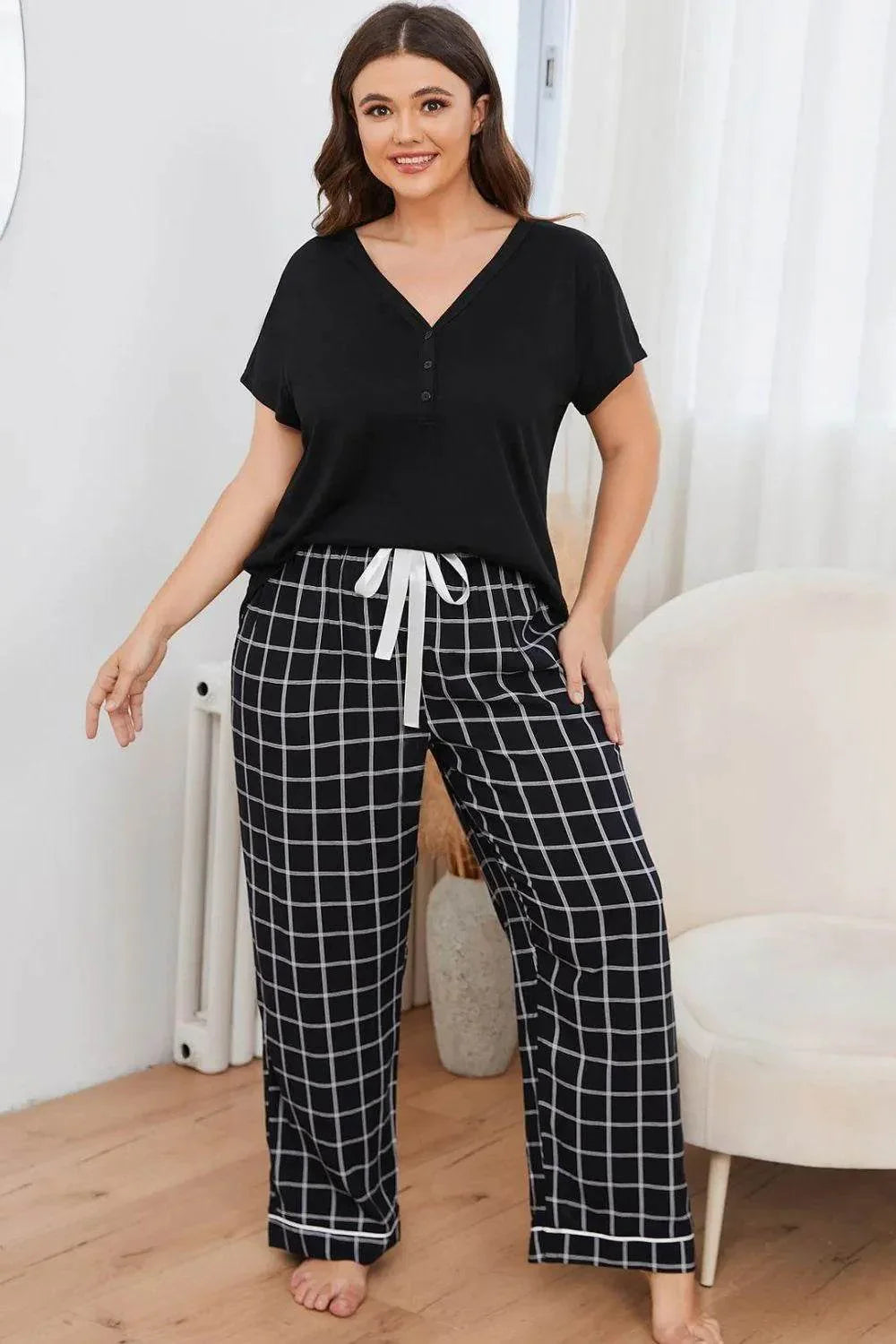 Plus Size V-Neck and Plaid Pants Lounge Set - Bona Fide Fashion