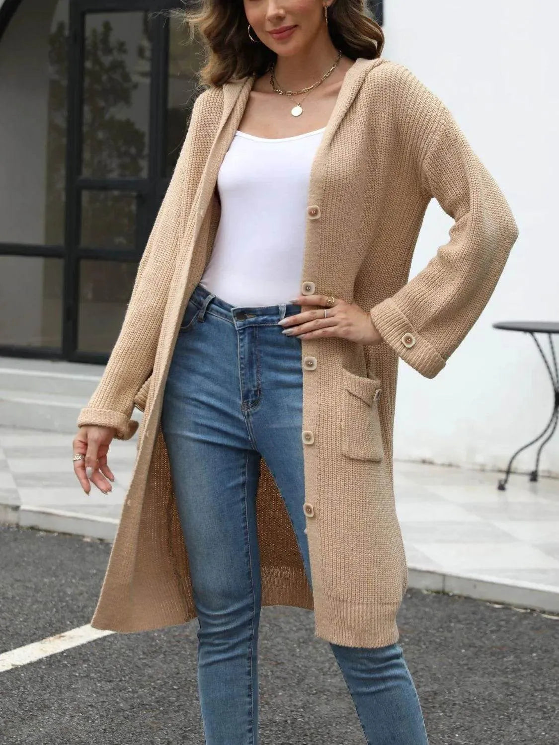 Pocketed Button Up Long Sleeve Hooded Cardigan - Bona Fide Fashion