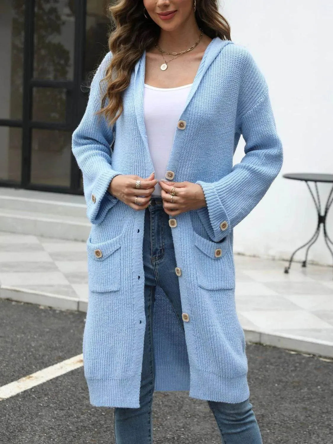 Pocketed Button Up Long Sleeve Hooded Cardigan - Bona Fide Fashion