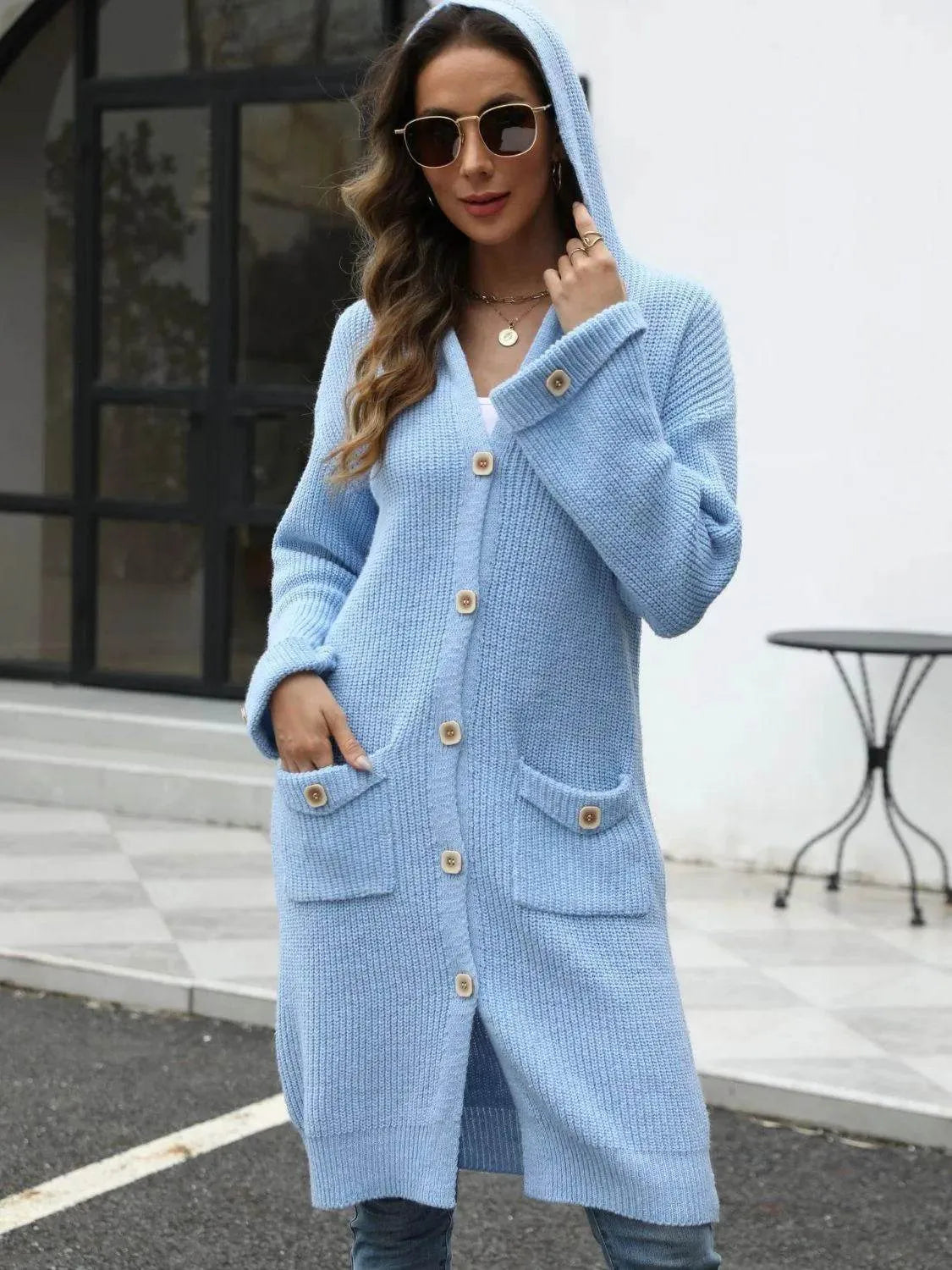 Pocketed Button Up Long Sleeve Hooded Cardigan - Bona Fide Fashion