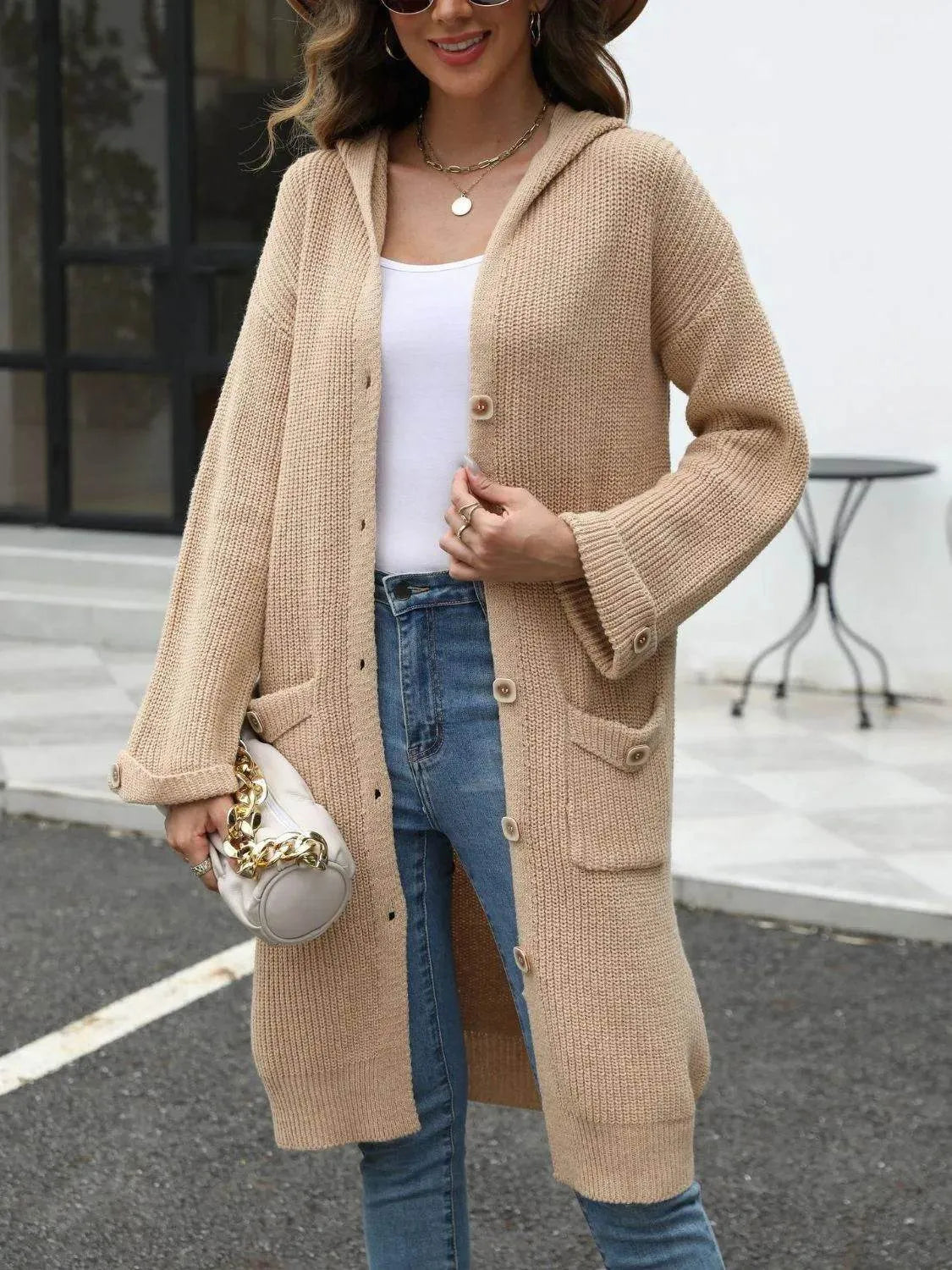 Pocketed Button Up Long Sleeve Hooded Cardigan - Bona Fide Fashion