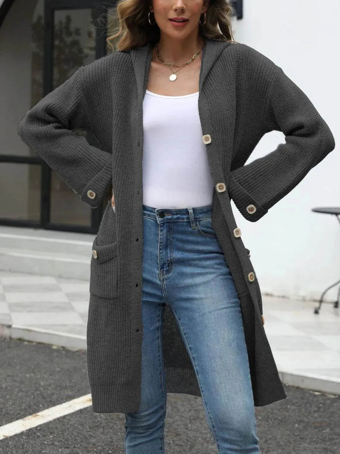 Pocketed Button Up Long Sleeve Hooded Cardigan - Bona Fide Fashion