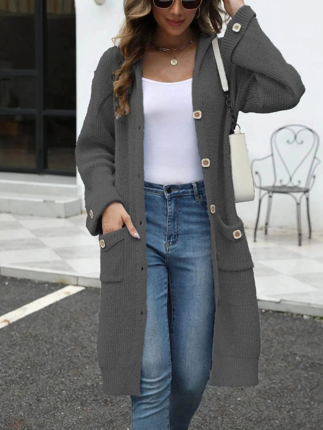 Pocketed Button Up Long Sleeve Hooded Cardigan - Bona Fide Fashion