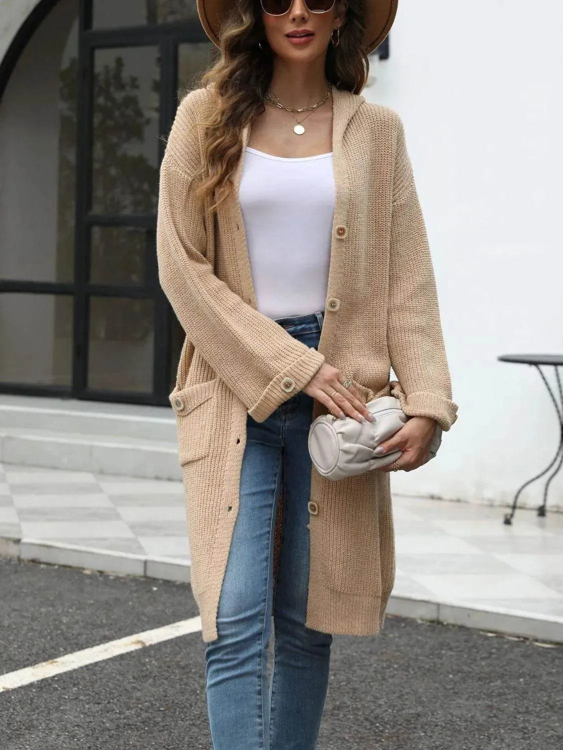 Pocketed Button Up Long Sleeve Hooded Cardigan - Bona Fide Fashion