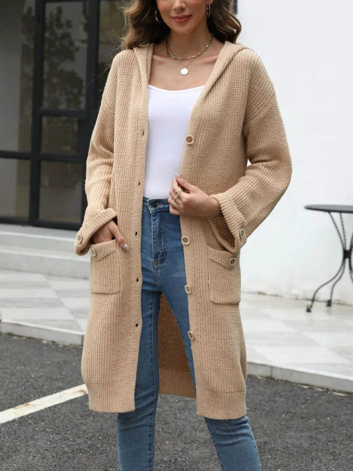 Pocketed Button Up Long Sleeve Hooded Cardigan - Bona Fide Fashion
