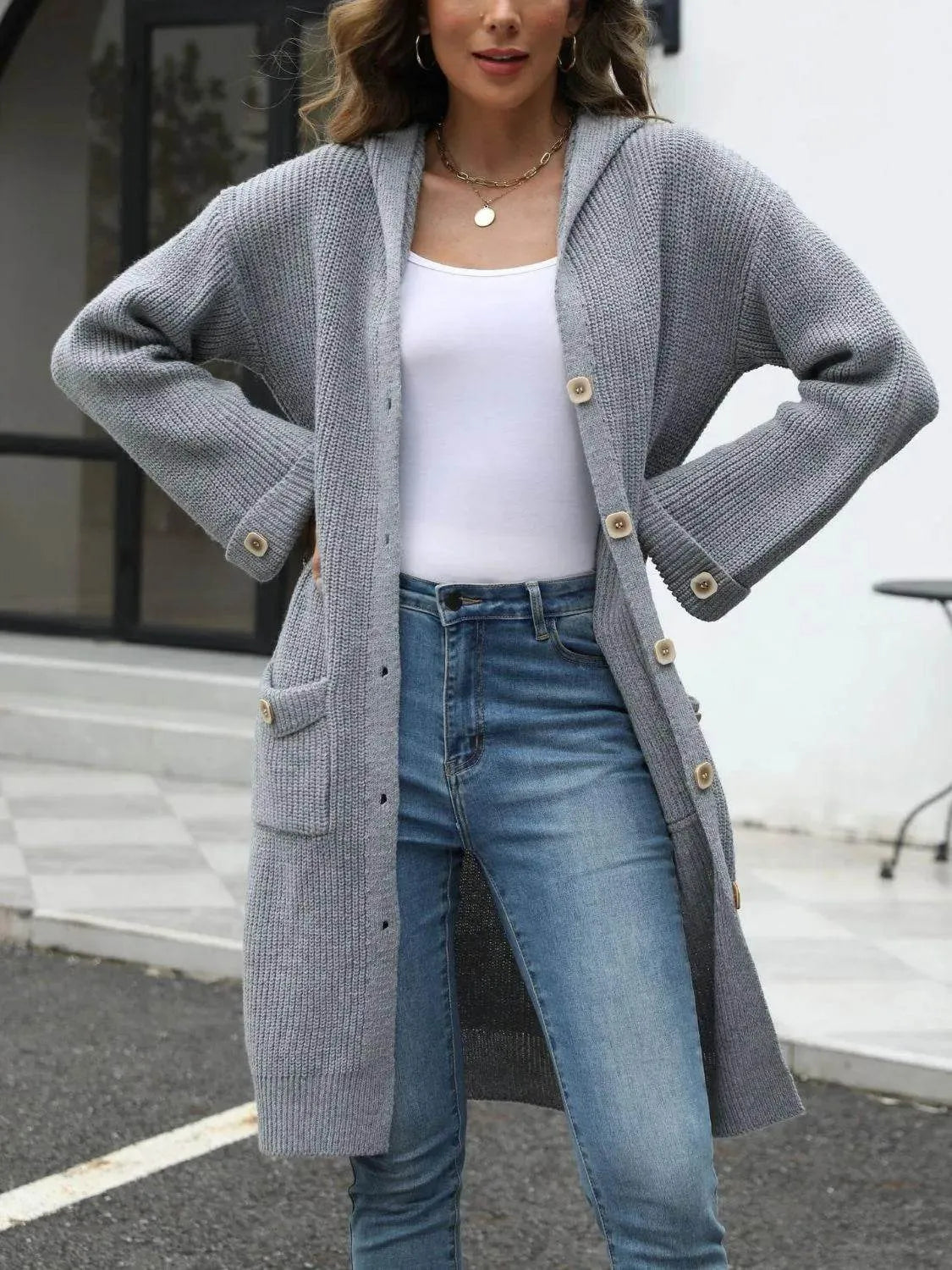 Pocketed Button Up Long Sleeve Hooded Cardigan - Bona Fide Fashion