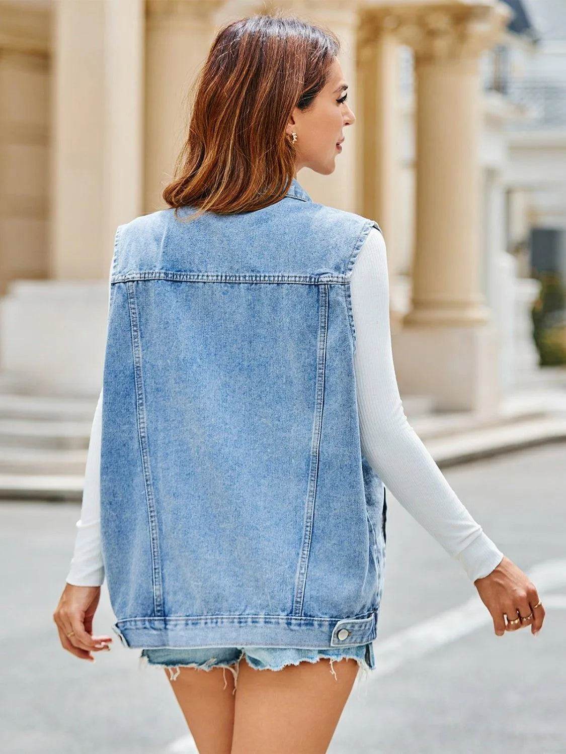 Pocketed Button Up Sleeveless Denim Jacket - Bona Fide Fashion