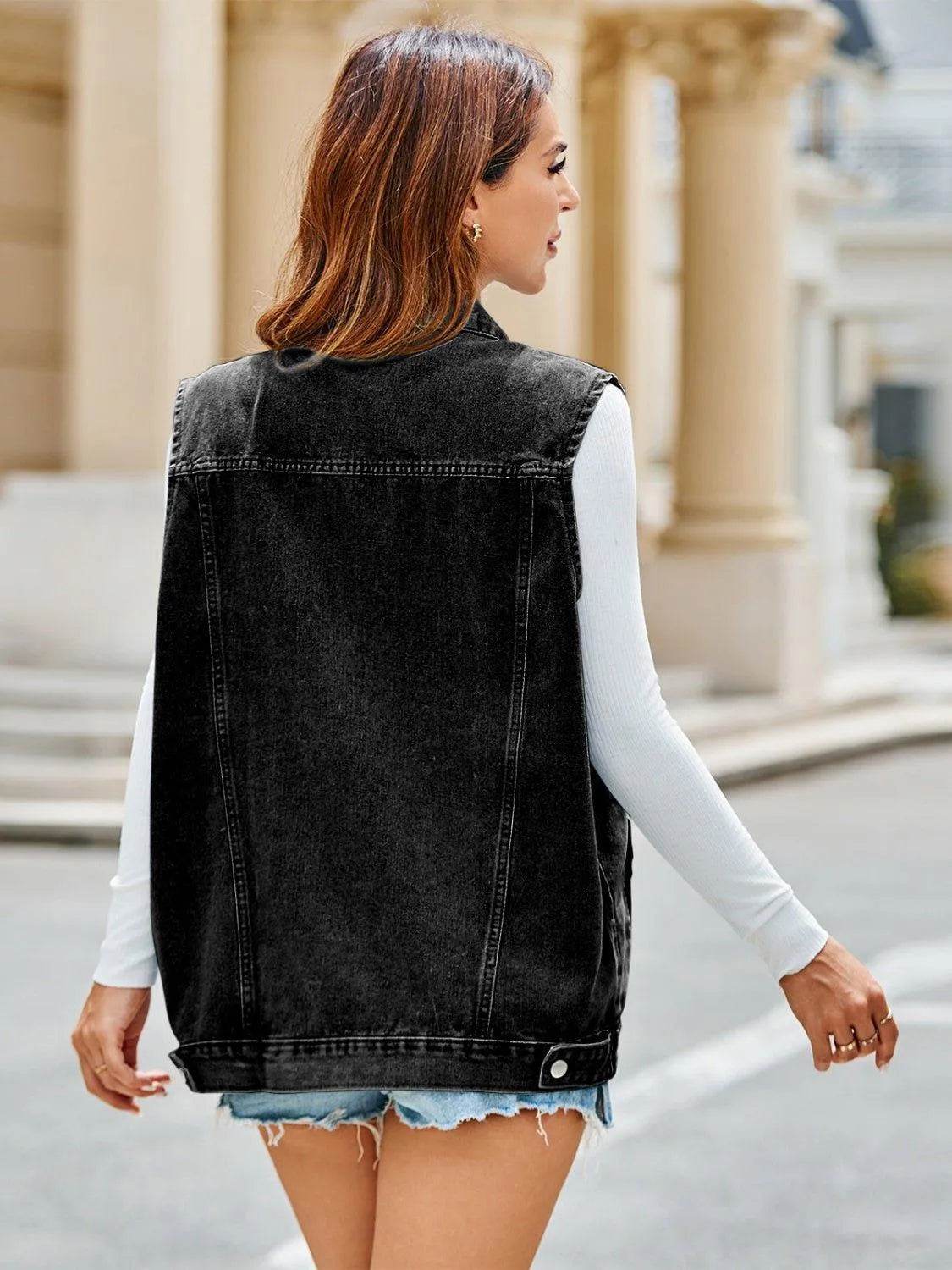 Pocketed Button Up Sleeveless Denim Jacket - Bona Fide Fashion