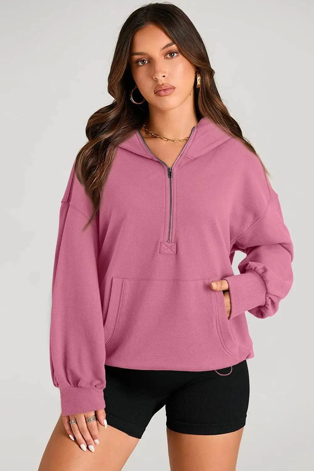 Pocketed Half Zip Long Sleeve Hoodie - Bona Fide Fashion