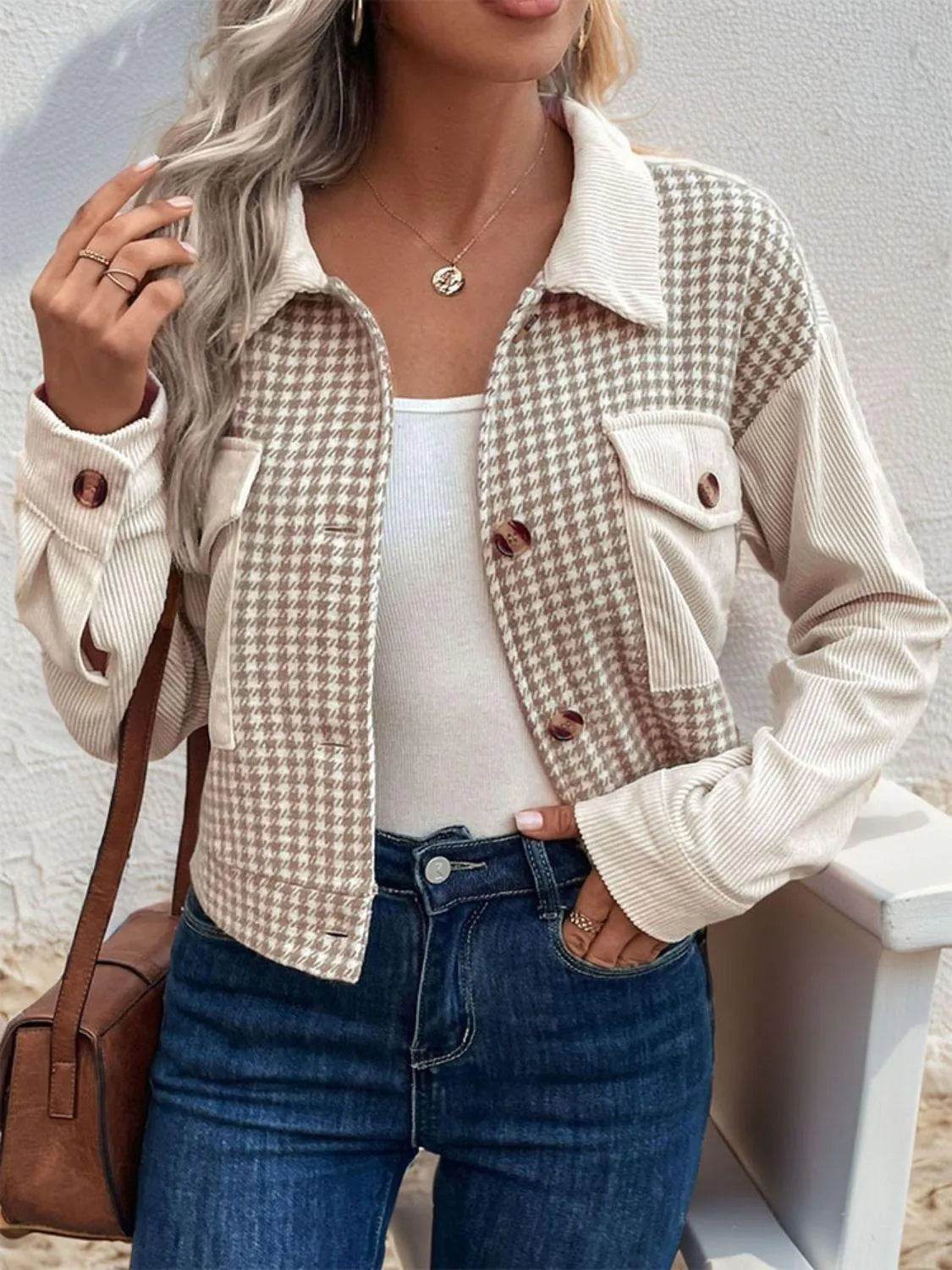 Pocketed Houndstooth Long Sleeve Jacket - Bona Fide Fashion