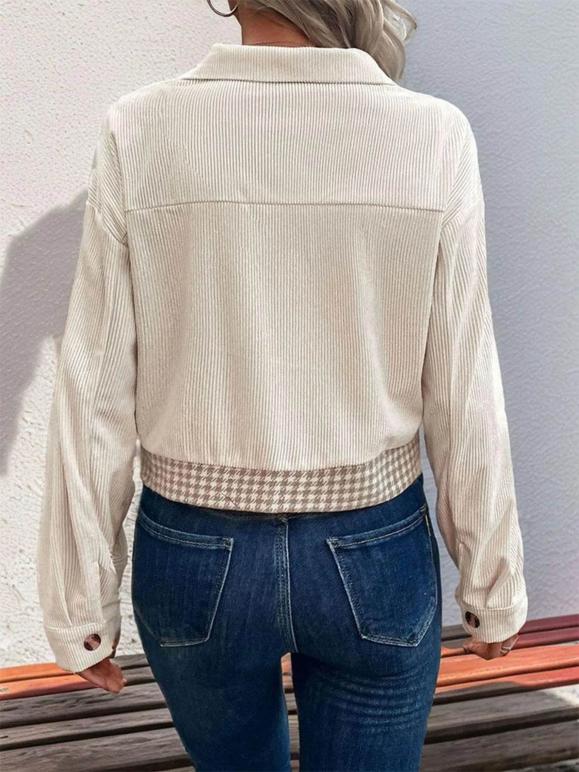 Pocketed Houndstooth Long Sleeve Jacket - Bona Fide Fashion