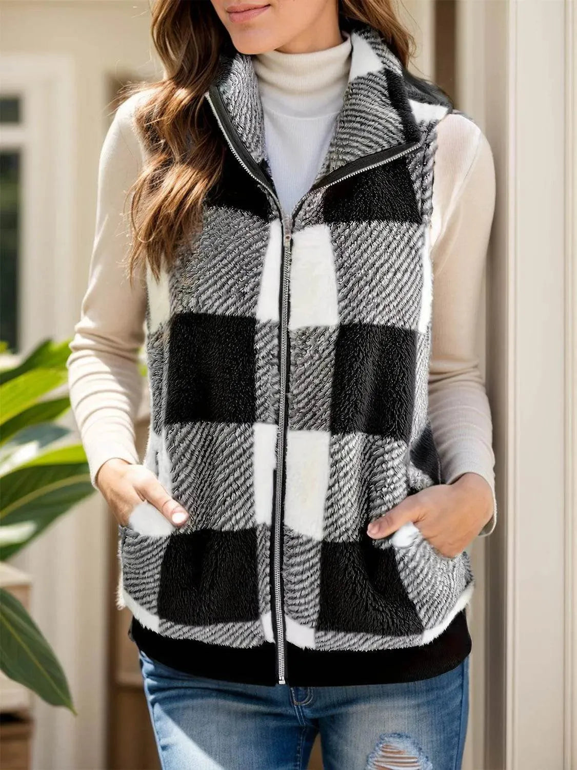 Pocketed Plaid Zip Up Vest Coat - Bona Fide Fashion
