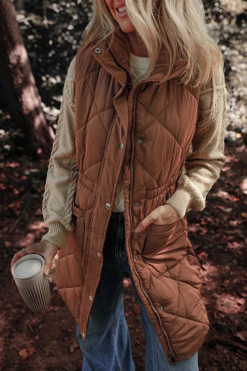 Pocketed Zipper and Button Vest Coat - Bona Fide Fashion