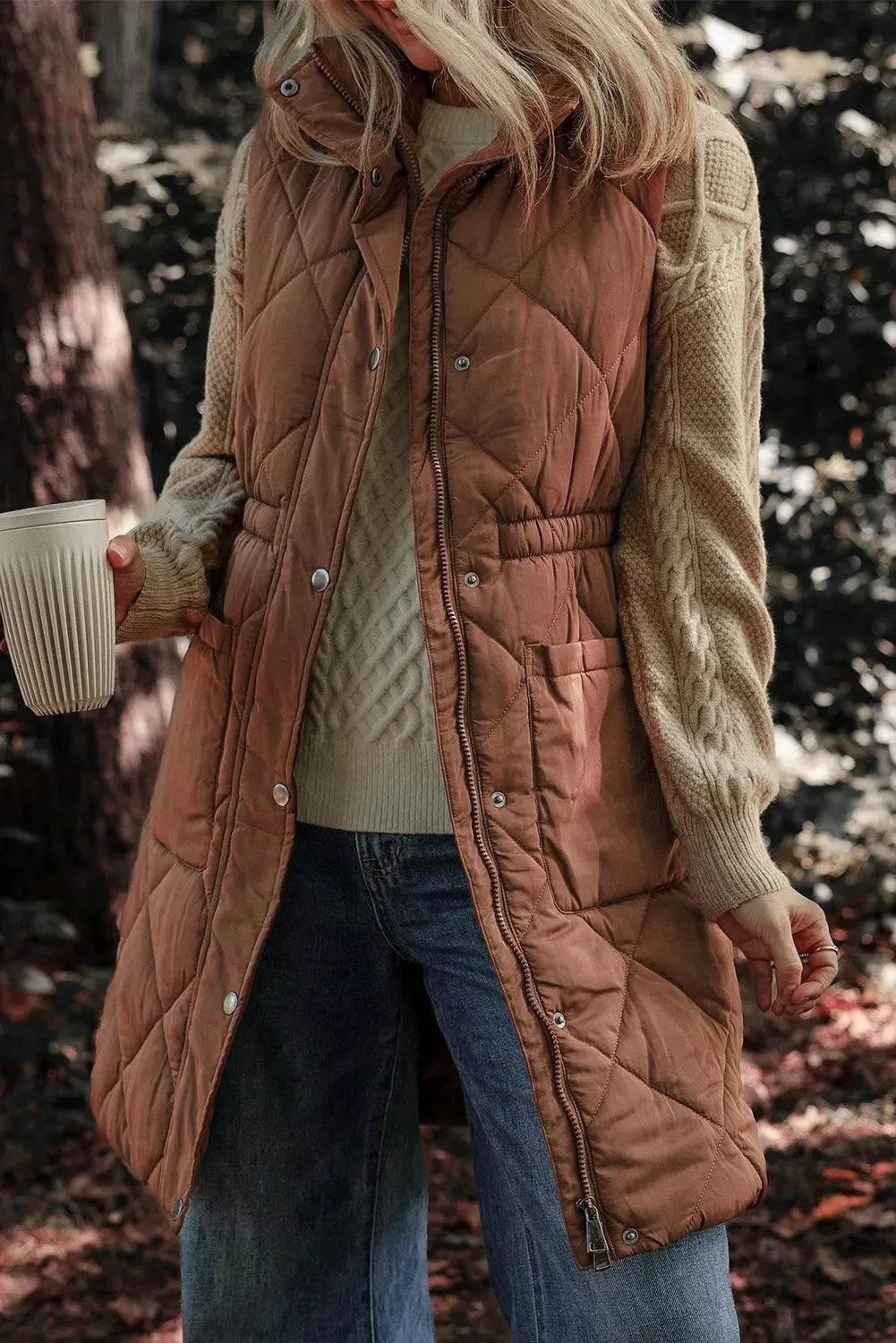 Pocketed Zipper and Button Vest Coat - Bona Fide Fashion