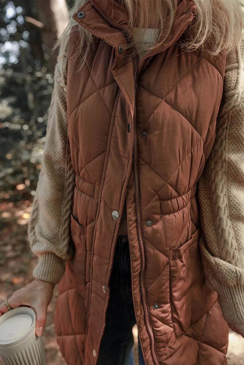 Pocketed Zipper and Button Vest Coat - Bona Fide Fashion