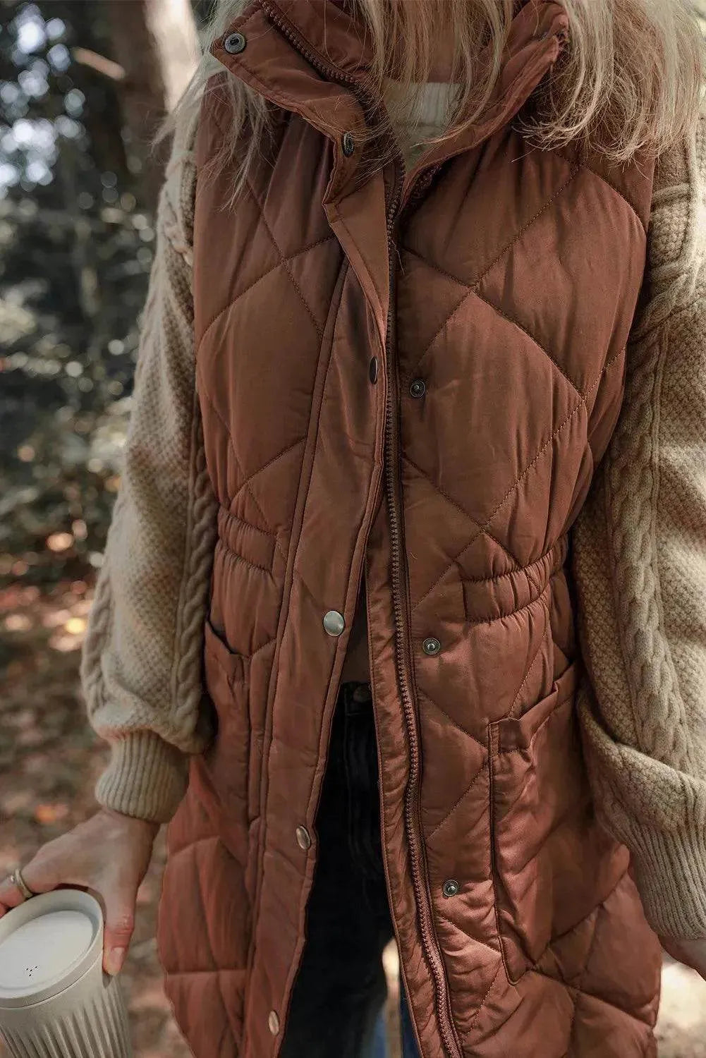 Pocketed Zipper and Button Vest Coat - Bona Fide Fashion