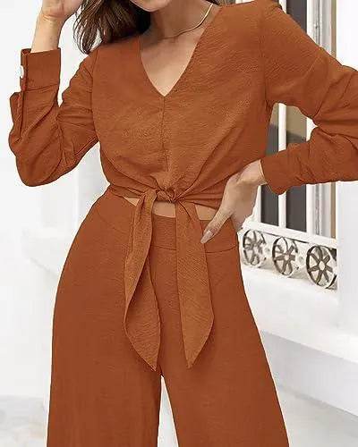 PRETTYGARDEN 2 Piece Outfits for Women Trendy Soft Cropped Tops Wide Leg Pant Sets Fall Matching Sets for Work Business(Solid Brown Orange,Medium) - Bona Fide Fashion