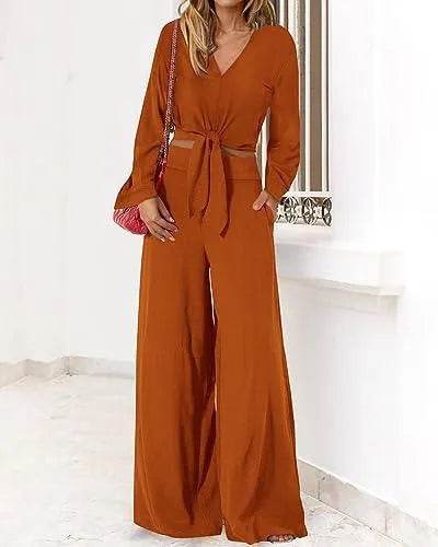 PRETTYGARDEN 2 Piece Outfits for Women Trendy Soft Cropped Tops Wide Leg Pant Sets Fall Matching Sets for Work Business(Solid Brown Orange,Medium) - Bona Fide Fashion