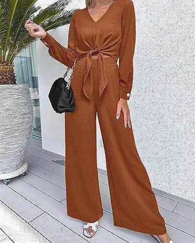 PRETTYGARDEN 2 Piece Outfits for Women Trendy Soft Cropped Tops Wide Leg Pant Sets Fall Matching Sets for Work Business(Solid Brown Orange,Medium) - Bona Fide Fashion
