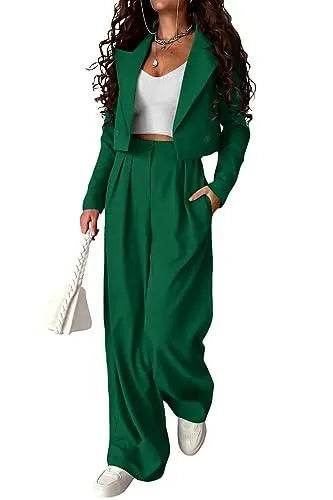 PRETTYGARDEN Women's 2 Piece Casual Outfits Cropped Blazer Jackets High Waisted Wide Leg Work Pants Suit Set (Green,Large) - Bona Fide Fashion