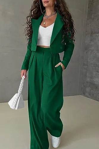 PRETTYGARDEN Women's 2 Piece Casual Outfits Cropped Blazer Jackets High Waisted Wide Leg Work Pants Suit Set (Green,Large) - Bona Fide Fashion