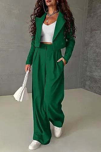 PRETTYGARDEN Women's 2 Piece Casual Outfits Cropped Blazer Jackets High Waisted Wide Leg Work Pants Suit Set (Green,Large) - Bona Fide Fashion