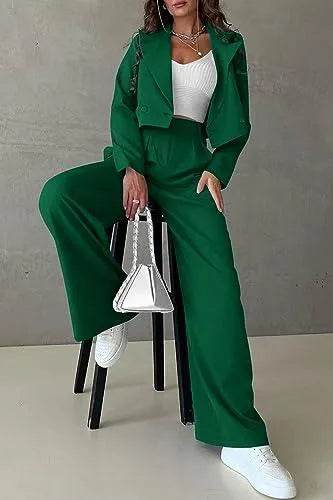 PRETTYGARDEN Women's 2 Piece Casual Outfits Cropped Blazer Jackets High Waisted Wide Leg Work Pants Suit Set (Green,Large) - Bona Fide Fashion